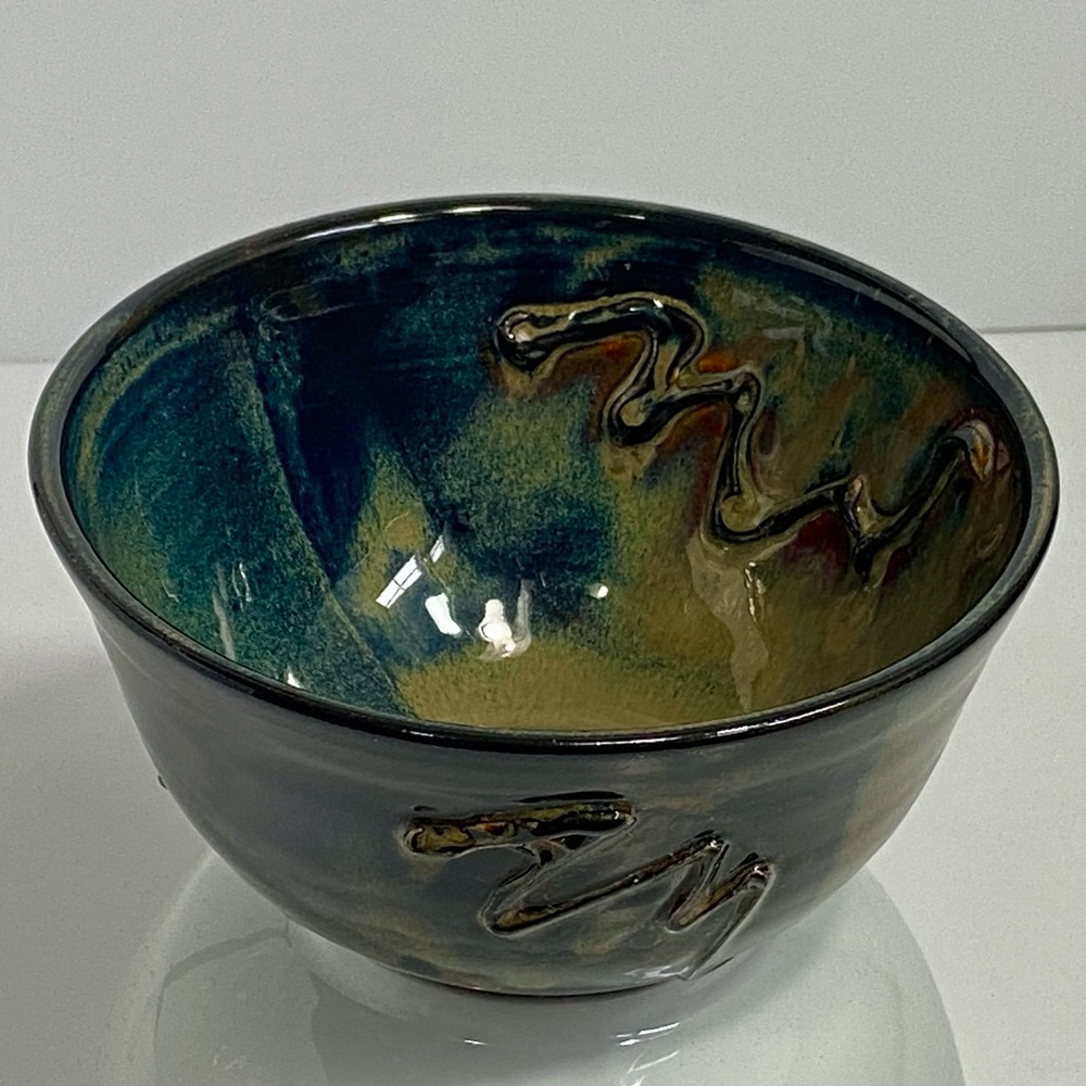 Studio Art Pottery Navy Blue Brown Glossy Textured Glazed Bowl 5.75” x 3” Signed